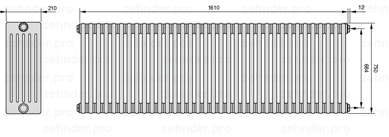 Схема (чертеж) Радиатор Zehnder Charleston 6075/35 №7610 Белый глянцевый RAL 9016